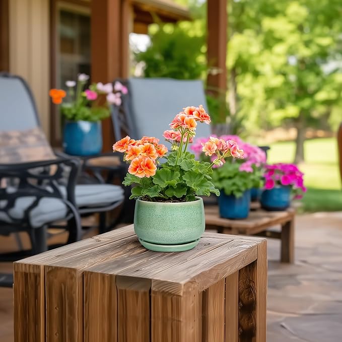 G EPGardening Ceramic Plant Pot - 4 inch Plant Pots with Drainage Hole & Saucer, Small Pots for Plant Indoor Outdoor, Modern Round Planter, Decorative Flower Pot, Room Decor, House Warming Gift, Green