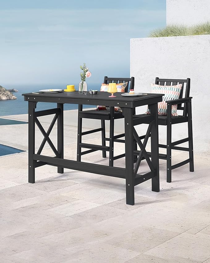 3 Pieces HDPE Outdoor Bar Table and Chairs Set, Tall Adirondack Chairs Set of 2 with Rectangular Bar Table, Patio Bar Stools Set, HDPE Outdoor Patio Bar Set for Balcony, Porch, Deck, Obsidian