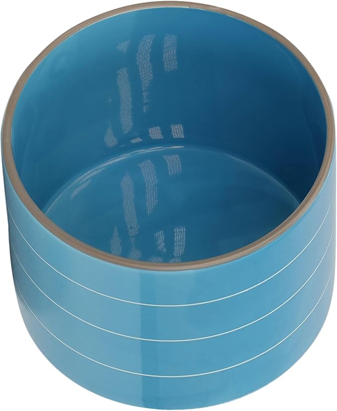 8" Ceramic Planter on Wooden Bamboo Stand - Contemporary Blue While Striped Design For Indoor or Outdoor Plants, Succulents, Cactus
