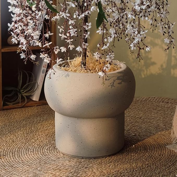 12.5" H x 14" Dia Large Concrete Planter-Heavyweight Outdoor Cement Flower Pot with Mushroom-Shaped Design for Patio, Garden, Porch, or Indoor Use-Modern Decorative Plant Container