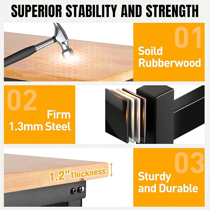 Height Adjustable Workbench Heavy Duty Work Table 2000 LBS Load Capacity 60”×22” Rubber Wood Work Station with Power Outlet & Pegboard for Garage, Workshop, Office,Party Shop, Home