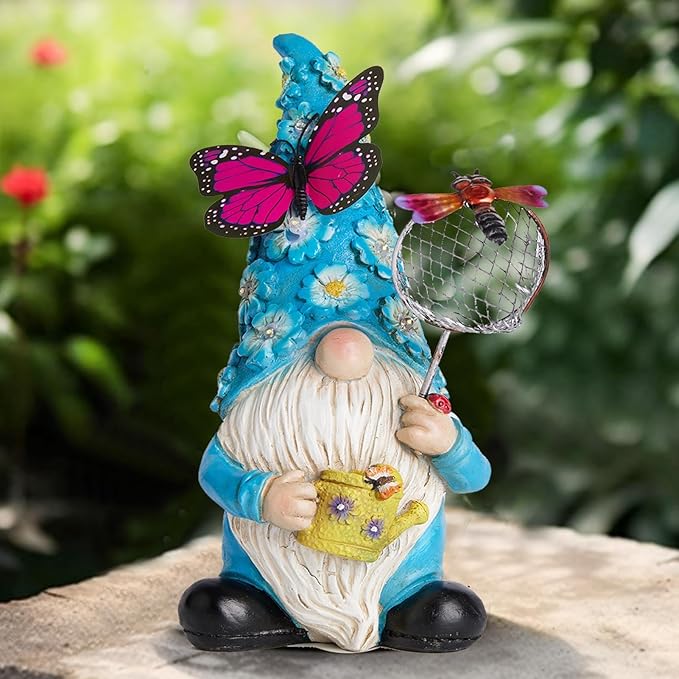 Garden Gnome Statues Outdoor Decor Solar Gnomes with Butterfly on LED Lighted Flowers, Resin Blue Gnomes Sculpture for Patio Yard Lawn Onament Decoration