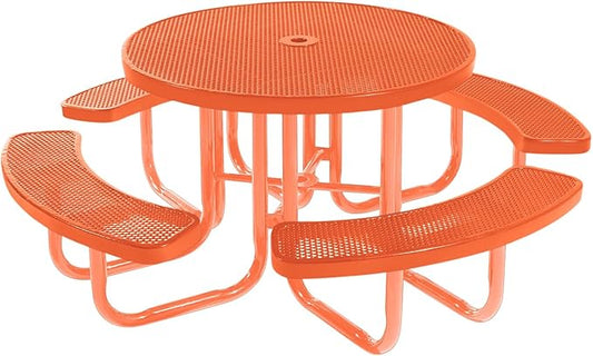 Heavy-Duty Portable Outdoor Picnic Table with Umbrella Hole, Punched Steel Commercial-Grade Patio Furniture Made in America (46" Round Top, Orange with Orange Frames)