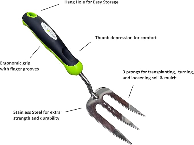 Garden Guru Stainless Steel Hand Weeder Fork Tool – Rust Resistant Stainless Steel – Ergonomic Handle – Great for Planting, Spreading Mulch, Weeding, Loosening & Transplanting Soil