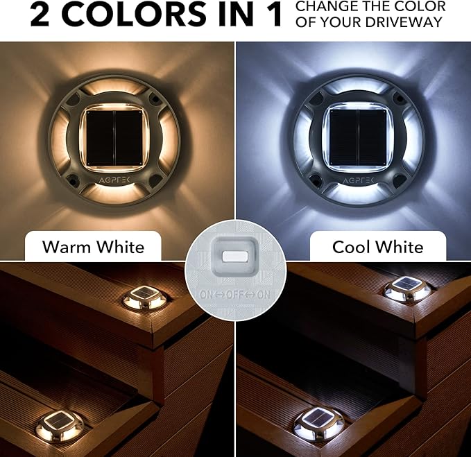 AGPTEK Solar Driveway Lights Outdoor 8 Pack, 2 Color Modes LED Deck Dock Marine Waterproof Driveway Marker Lights for Step Sidewalk Stair Garden Pathway Walkway Yard (Warm White/Cool White)