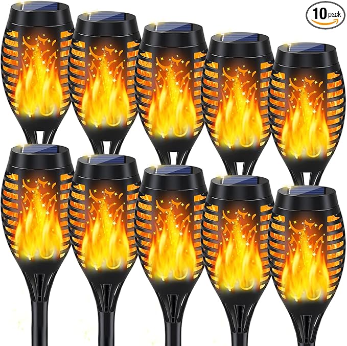 10Pack Solar Lights Outdoor, Solar Torch Lights Outdoor Flickering Flame for Outdoor Decorations, Waterproof Garden Light Solar Powered , Tiki Torches for Outside Yard Patio Lawn Garden Decor