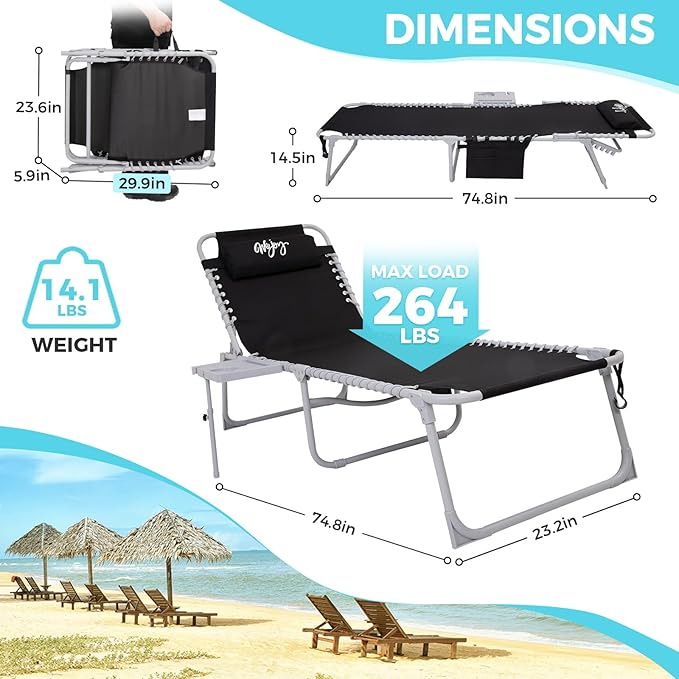 #WEJOY Folding Recliner Lounge Chair with Side Table for Outdoor 5 Positions Adjustable Reclining Patio Camping Chair with Removable Padded Pillow,Side Pocket for Beach Pool Patio Sunbathing Lawn
