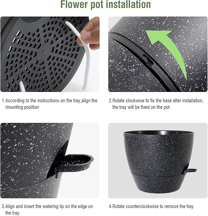 12/10/9 inch Large Self Watering Pots, Planter, Plant Pots with Mesh Drainage Holes for Indoor Outdoor Garden Plants, Plastic Flower Pots with Removable Deep Reservoir, Speckled Black