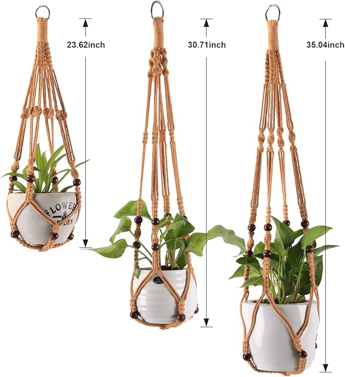 3-Pack Macrame Plant Hanger Indoor - Hanging Planter Basket for Indoor Outdoor - Decorative Boho Plant Holders Set with Beads - Ceiling Flower Pot Holder with 6 Hooks - 35"/30"/24" Brown