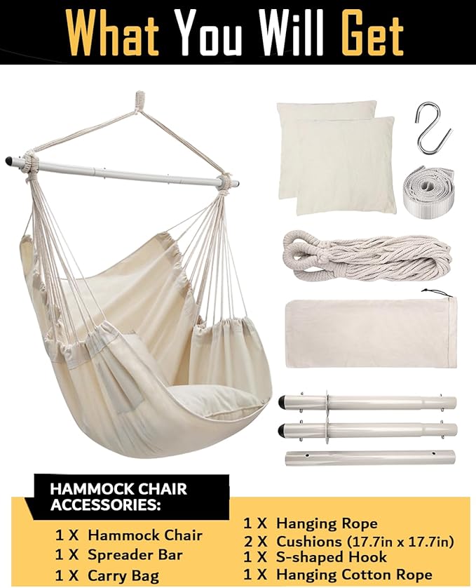 ADVOKAIR Hammock Chair Swing (500 lbs Max-2 Cushions) - Hanging Hammock Chair Rope Swing Indoor for Bedroom, Outdoor, Patio, Bedroom, Porch, Deck - Sturdy Steel Bar with Anti-Slip Safety Rings