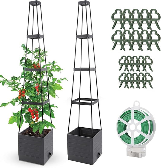 2 Pack Raised Garden Bed, Planter Boxes with Trellis 58.3'' Tomato Planters for Climbing Vine Vegetables Flowers Plants Self Watering Tomatoes Cage for Outdoor Patio Greenhouse