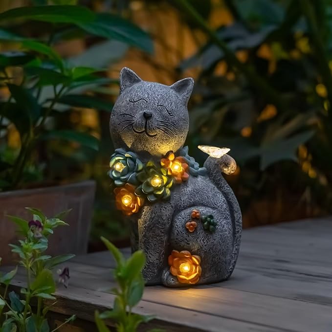 Garden Outdoor Decor Cat Statue with Solar Succulent Resin and 6 LEDs, Large Cats Sculpture with Butterfly Solar Lights for Patio, Balcony, Yard, Lawn Ornament