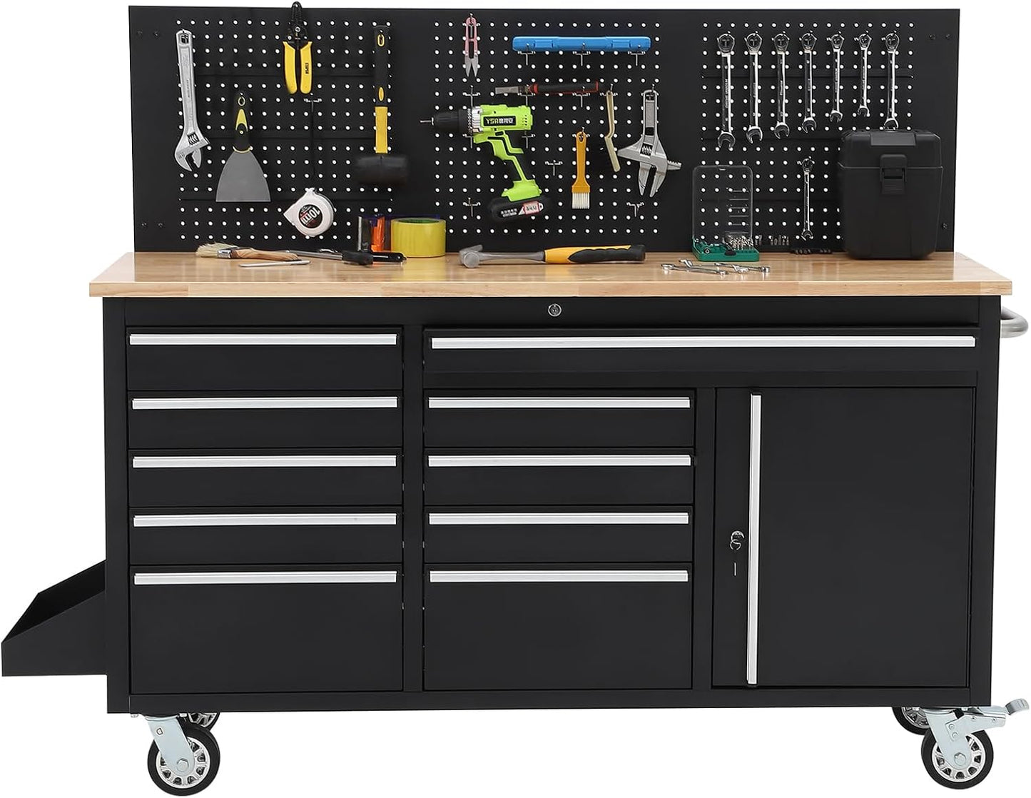 Heavy Duty 61" Tool Chest Cabinet, Mobile Garage Workbench with 10 Drawers and Power Strip, Rubber Wood Worktop, 1675 LBS Load, Rolling Tool Storage Organizer for Mechanic, Shop or Home Use