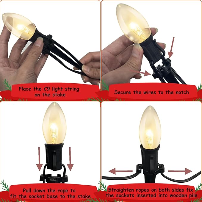 38Ft Christmas Pathway String Lights Outdoor with C9 25 Clear Christmas Pathway Marker Stakes Lights, Extendable C9 Outdoor Walkway Lights for Outside Xmas Party Holiday Backyard Commercial Decor