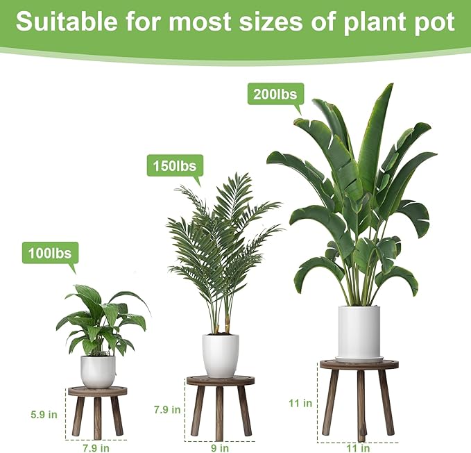 3-Pack Wood Plant Stands Indoor, Single Plant Stand for 6-12 Inch Pots, Mid-Century Modern Plant Stool, Tall Plant Stand for Large Plants for Living Room, Balcony, Office (Dark Brown)