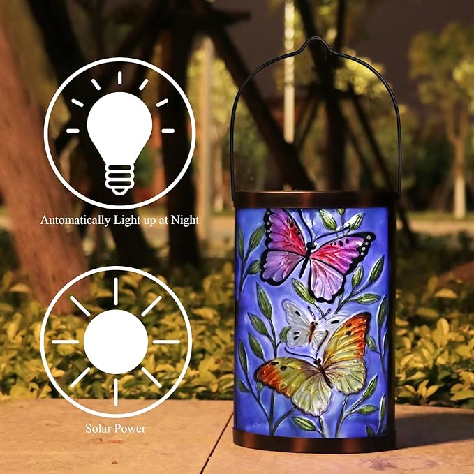 Hanging Solar Lantern Outdoor Waterproof LED Butterfly Solar Lights Decorative Solar Garden Lanterns Tabletop Lamp for Outdoor Patio Yard Decor