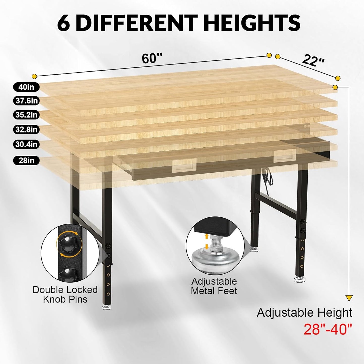 60" Workbench for Garage with Drawers Rubberwood Tabletop Work Table with Pegboard, Power Outlets Adjustable Height Work Bench for Office, Woodworking Shop, Home
