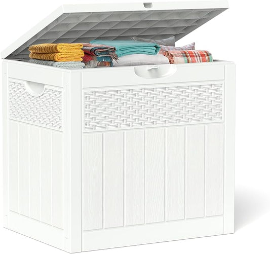 33 Gallon Resin Deck Box, Weatherproof Outdoor Storage Box for Patio, Garden and Yard, Lockable Waterproof Bin for Tools, Cushions, and Accessories, White