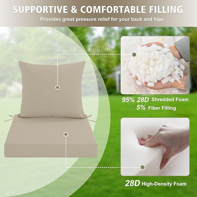 24x24 Inch Outdoor Cushions for Patio Furniture Set of 2, Waterproof Outdoor Chair Cushions w/Fade-Resistant, Removable & Machine-Washable Covers, Deep Seat Sofa/Couch Pad Replacement, Cream