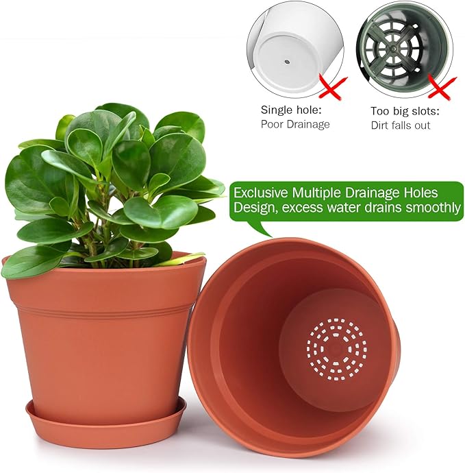 Homenote Pots for Plants, 15 Pack 6 Inch Plastic Planters with Multiple Drainage Holes and Tray - Plant Pots for All Home Garden Flowers Succulents (Terra Cotta)