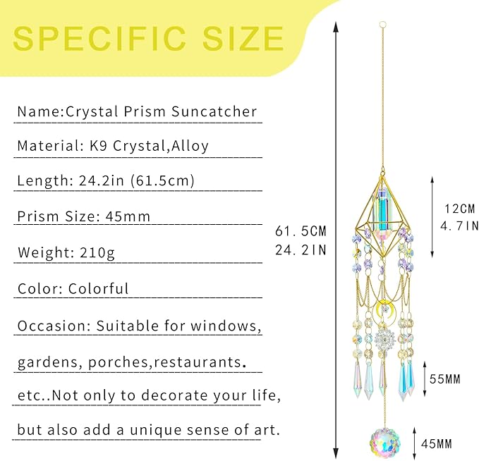 H&D HYALINE & DORA Crystal Prisms Suncatcher Window Hanging Pendant Glass Prisms Decor Wind Chime Rainbow Sun Catcher for Home Garden Porch