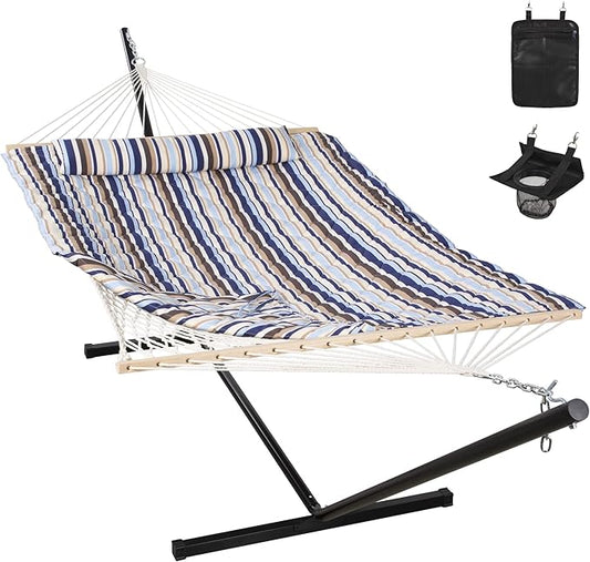 ANOW Outdoor Double Hammock with Stand, Portable Hammock with Detachable Pillow and Pad for Garden Yard Outside, 450 LBS Weight Capacity, Blue Seaside