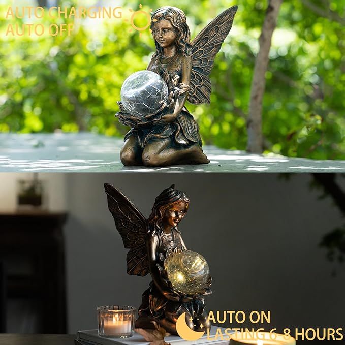 Garden Statues Outdoor Flower Fairy Decor,Solar Powered Outdoor Resin Statues-Patio Lawn Yard Porch, Funny Garden Fairies Ornaments Figurines for Outside Garden Gifts,8.31 Inches Tall