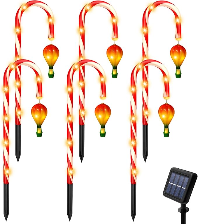 6 Pack Outdoor Christmas Decorations, 21" Solar Candy Cane Christmas Lights with Lantern and 90 Bright LED, Waterproof 8 Modes Outside Xmas Decorations for Outdoor Yard Garden Pathway
