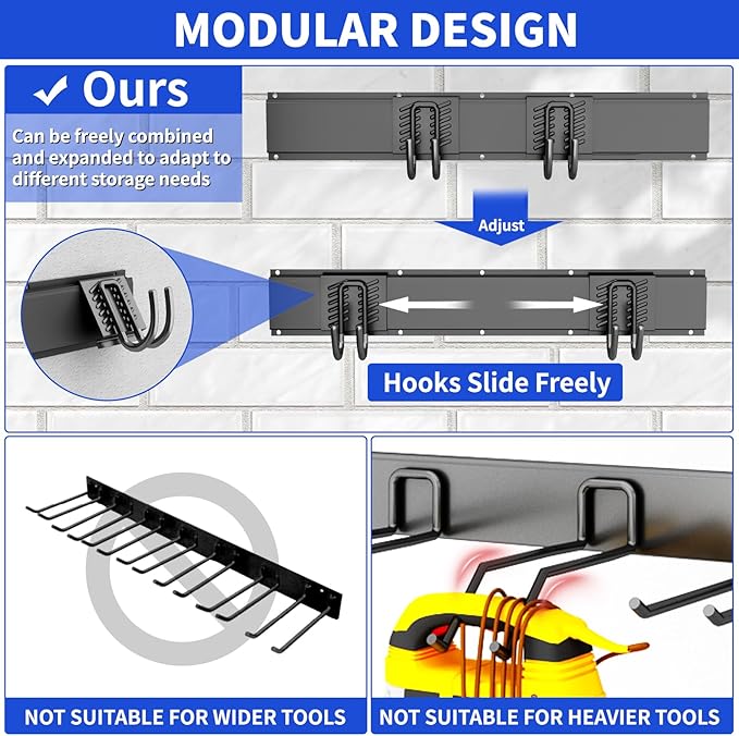 Garage Organization Tool Organizer Wall Mount, 48inch Heavy Duty Garden Tool organizer Storage System, Easy Install With 6 Adjustable Hooks, For Garage, Basement, Shed, Workshop(Black)