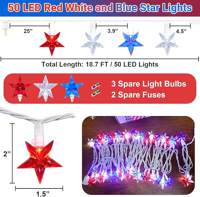50 LED Red White and Blue Star Lights, 18.5FT 4th of July Lights Plug in, Patriotic Decorations Outdoor Star String Light for Home Patio Porch Garden Memorial Day Independence Day Decor, White Wire