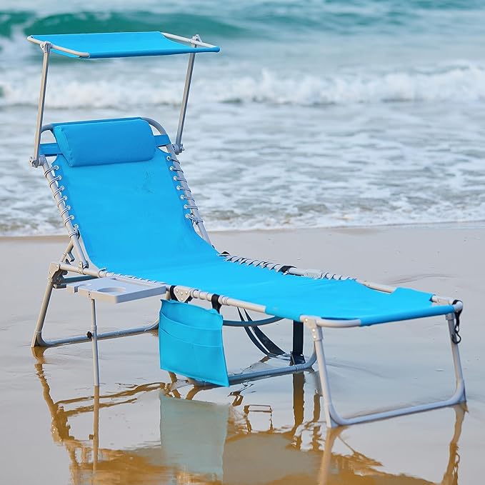 #WEJOY 4 in 1 Tanning Chair with Face Hole & Canopy & Side Table, 5 Positions Adjustable Folding Waterproof Facedown Chaise Lounge with Pillow Quick Dry for Beach Pool Outdoor Camping Patio (Blue)