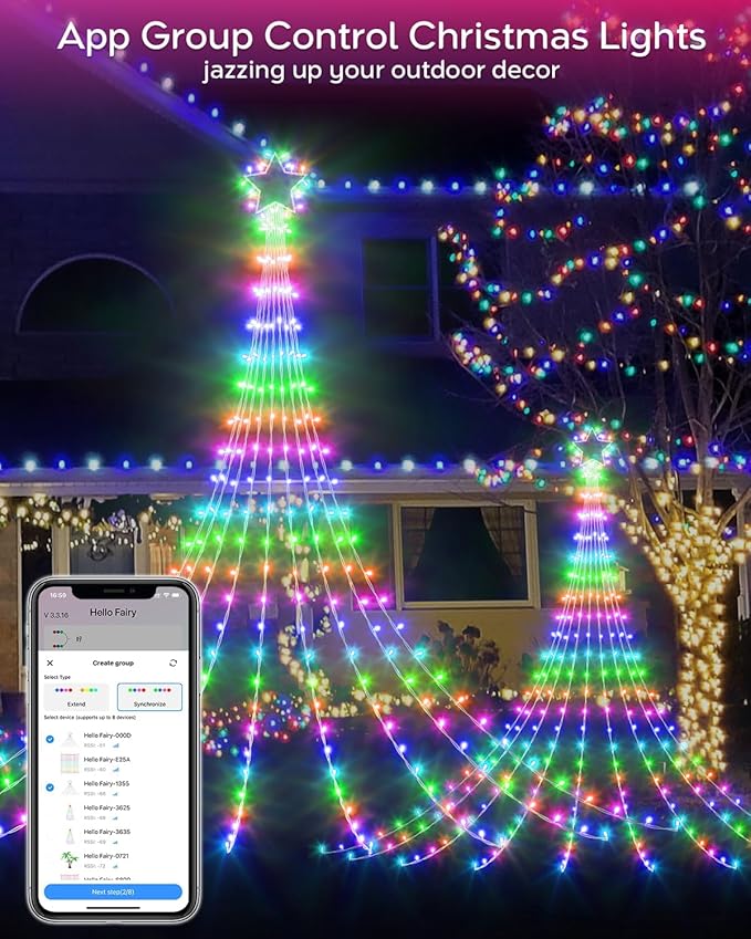 16.5FT Outdoor Christmas Decorations Tree Lights for Yard, Dynamic Star String Lights Waterfall App Control Color Changing Music Timer, Christams Lights Plug in 245 LEDs for Outside Xmas Home Decor