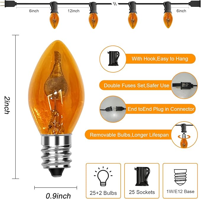 25Ft Orange C7 Christmas Lights Outdoor, Decorations With 27 Flicker Flame Bulbs, Vintage Flickering for Patio Garden Party Tree Decor - Black Wire