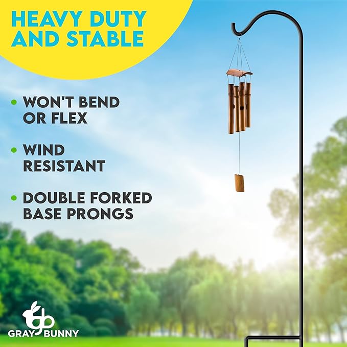 Gray Bunny 65" Shepherds Hooks for Outdoor 1 Pack, Thick Bird Feeder Pole, Hanging Plant Stand, Shepherds Hook for Bird Feeder, Non-Hollow, Non-Adjustable, Extra Long Base Prongs