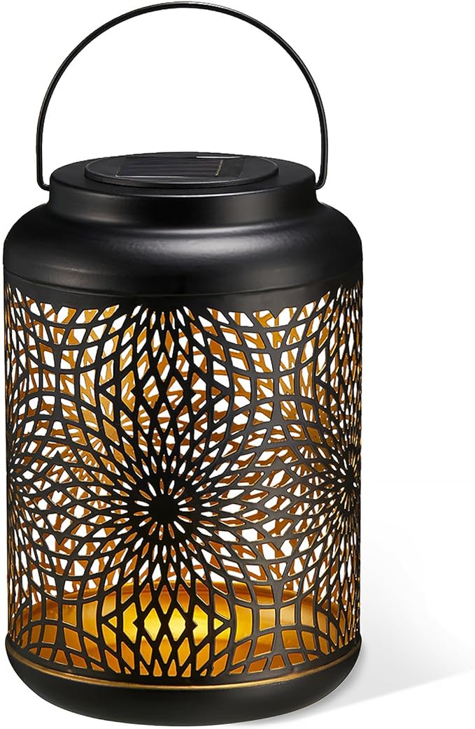 Glitzhome Solar Lantern Black Metal Cutout Scrollwork Outdoor Hanging Solar Light with Handle for Garden Patio Yard Outdoor Decor