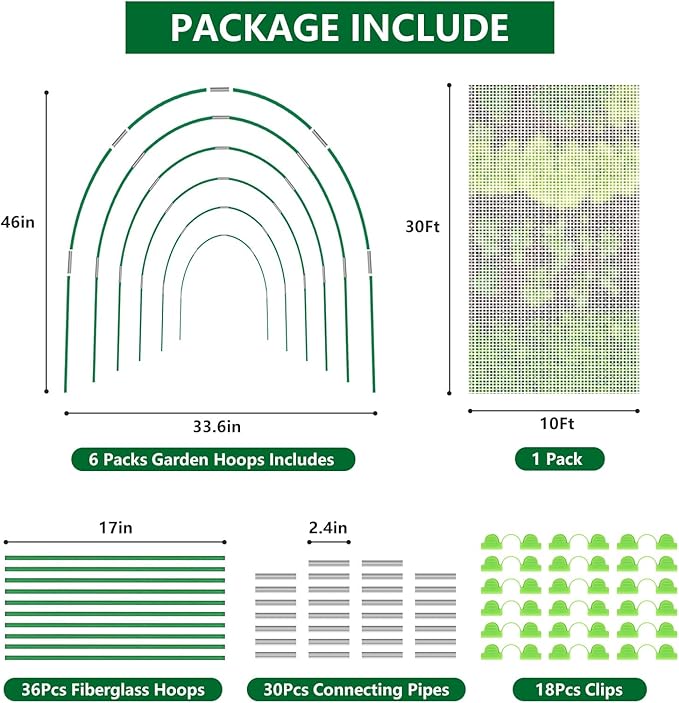 Garden Netting Kit for Raised Beds, 10x30FT Ultra Fine Mesh Netting＆ 6 Sets of 8FT Fiberglass Garden Hoops, Bird Barrier Protection Net Vegetable Plant Cover Fruit Flowers Row Cover