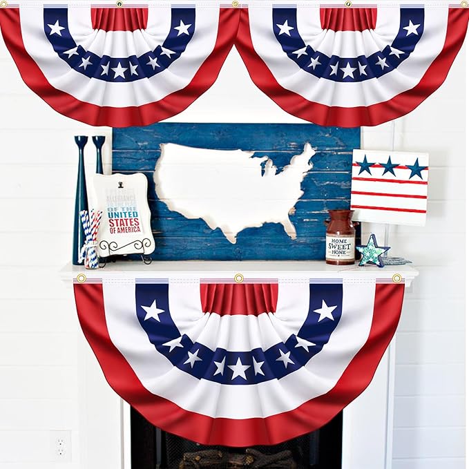 8 Pack USA Pleated Bunting Fan Flags, 1.5x3 Ft Patriotic Half Fan Banner American Flag Decoration Bunting for Outside Red White and Blue Decor Independence Day Memorial Day 4th of july Decorations