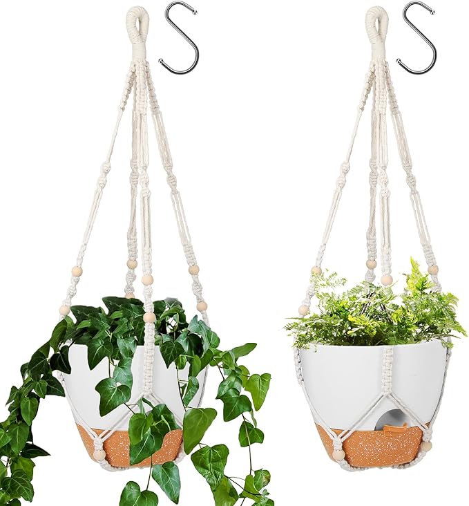 GARDIFE 10 Inch Hanging Planters with Macrame Plant Hanger for Indoor and Outdoor Plants, 2 Pack Large Self Watering Hanging Plant Pot with Basket Flower Pot with Drainage Hole, White