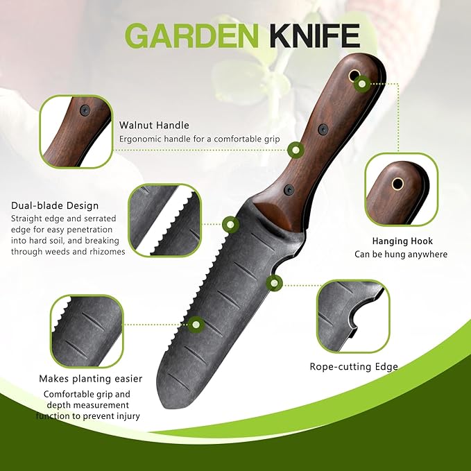Gracfulcub Garden Knife for Weeding, Garden Tools with Sheath, Full-Tang Wood Handle, 7" Stainless Steel Blade with Cutting Edge