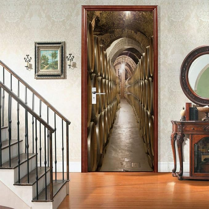 3D Door Stickers Murals Peel and Stick - Wine Cellar Wallpaper Self-Adhesive Decals - Removable PVC Waterproof Poster for Bedroom Living Room 35.4" x 78.7"