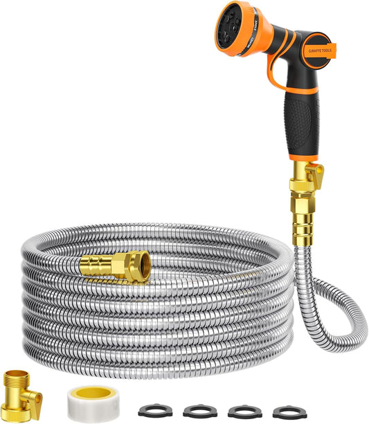 Giraffe Tools Garden Hose 50ft x 5/8", 304 Stainless Steel Metal Water Hose, No Kink Garden Water Hose with 9 Pattern Spray Nozzle, Flexible, Lightweight, Kink Free Hose for Yard, Outdoor
