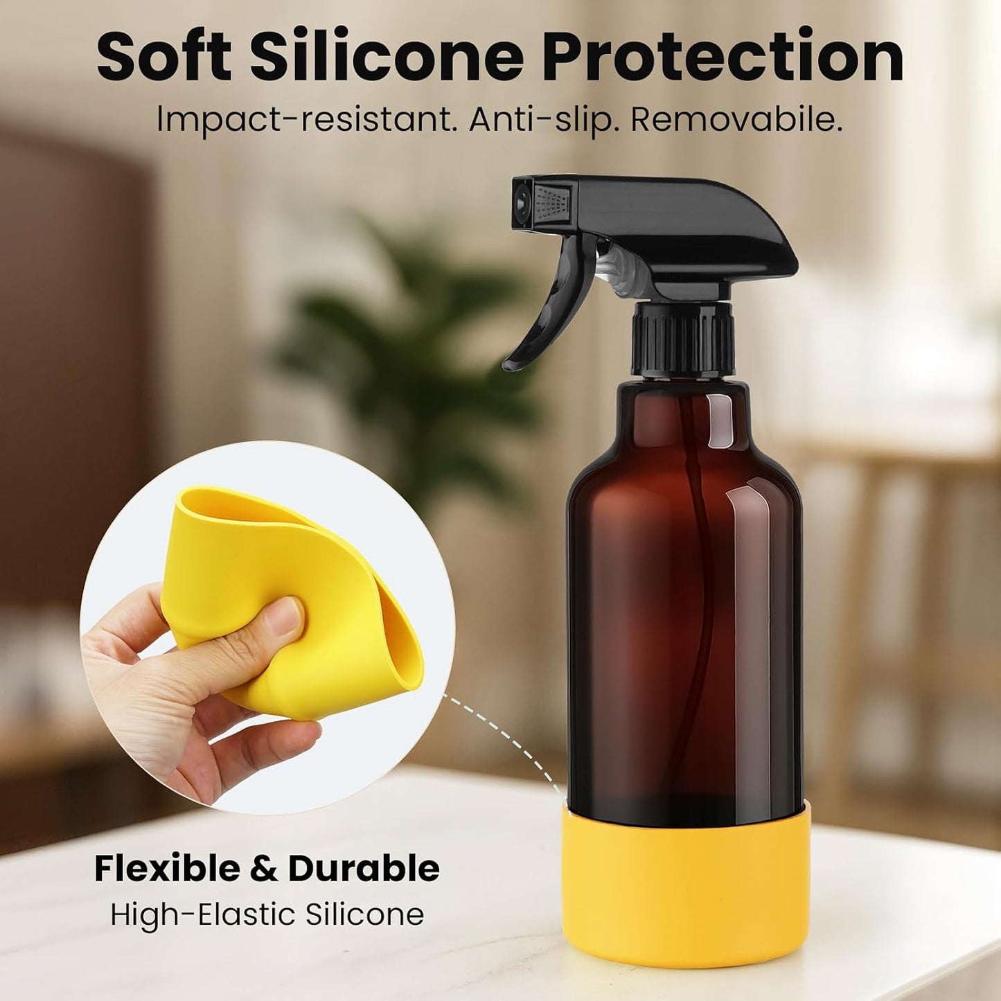 Glass Spray Bottles with Silicone Sleeve 16.9oz 2 Pack Empty Spray Bottle for Hair Mist/Stream Spraying for Cleaning Solutions, Plants, Essential Oils (Brown-grey&yellow)