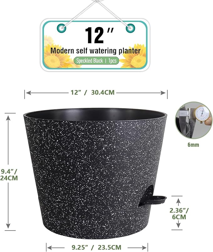 12 inch Large Self Watering Pots, Plant Pots with Mesh Drainage Holes for Indoor Outdoor Plants, Plastic Planters with Deep Reservoir for Garden House Flower Plants, Speckled Black