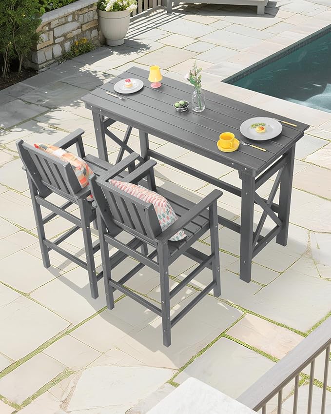 3 Pieces HDPE Outdoor Patio Bar Set, Rectangular Bar Height Table and Chairs Set, Patio Bar Stools Set, HDPE Outdoor Bar Table and Chairs Set for Balcony, Poolside, Porch, Smoke Gray