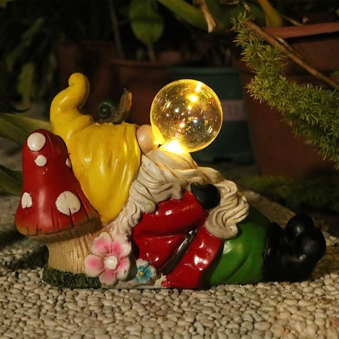 Garden Gnome Statue Outdoor Decor, Funny Gnome Figurine Lying on Mushroom with Crackle Globe Lights, Waterproof Resin Sculptures Lawn Ornament Tabletop Decorations for Porch Yard Decor