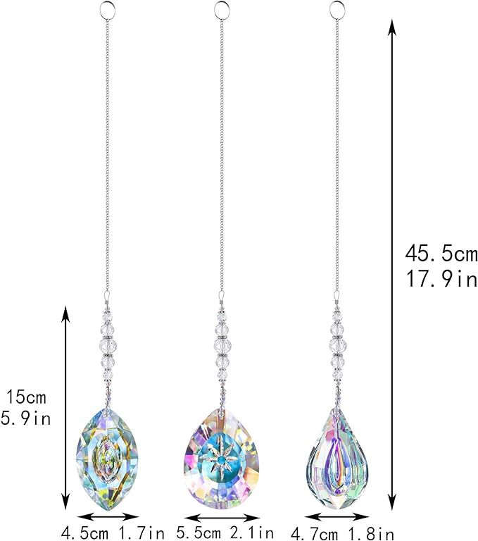 HDCRYSTALGIFTS Pack of 3 Crystal Suncatchers,AB Colored Sun Catchers with Crystals for Window Hanging Rainbow Maker Prisms Suncatchers Indoor Outdoor Decorations Ornaments