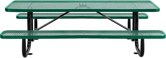 Global Industrial 8’L Rectangular Picnic Table, Expanded Metal, Green Thermoplastic Coating, Attached Benches, 1-1/2” Umbrella Pole Hole, Outdoor-Rated, 1000 lb Capacity, 96” x 30” Tabletop