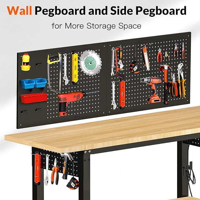 Adjustable Height Workbench, Heavy Duty Table Rubber Wood Workstation with Power Outlet & Pegboard for Garage, Office, Workshop, Home,Commercial (60"×22"|Shelf)
