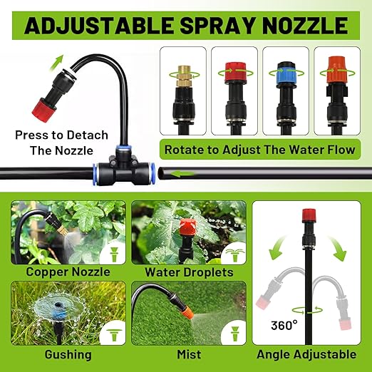 Garden Drip Irrigation Kit, 100ft Black Hose, 360° Pure Copper Closeable Nozzle, Patio Misting Plant Watering Sprinkler, Faucet Separator, Sprinkler Hose Adapter (16 360° nozzles + 16 T-connectors)