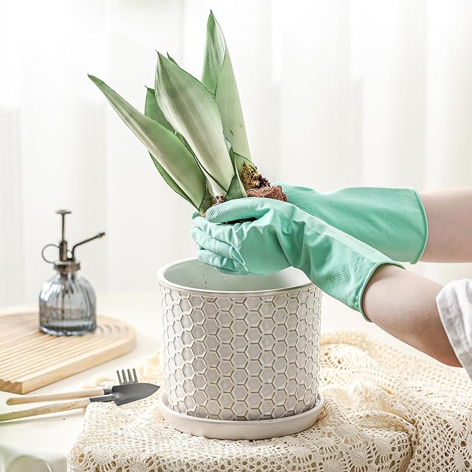 8 Inch Plant Pot: Ceramic Planter with Drainage Hole & Saucer - Flowerpot for Indoor & Outdoor Plants with Separate Tray for Home & Office - Honeycomb Design, Cream White